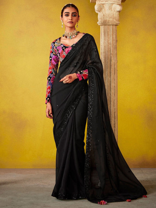 Adorable Black And Pink Multi Embroidery Silk Saree