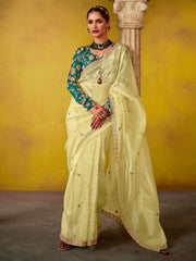 Fantastic Yellow And Green Multi Embroidery Silk Saree