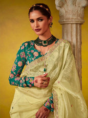 Fantastic Yellow And Green Multi Embroidery Silk Saree