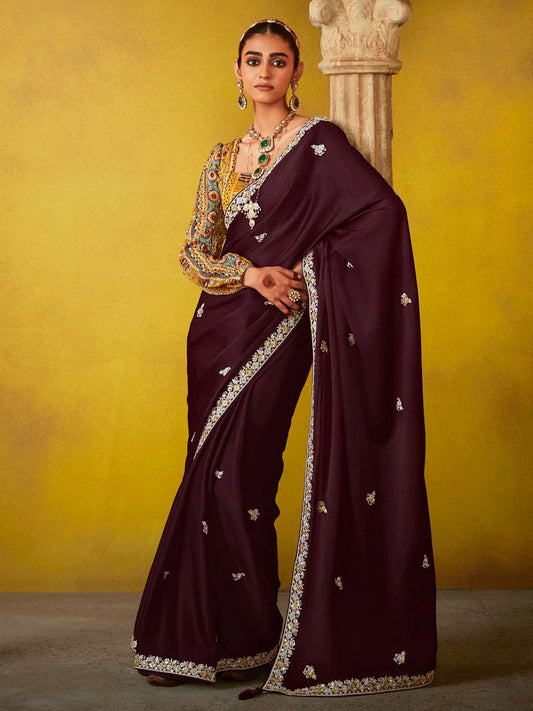 Fine Wine And Yellow Multi Embroidery Silk Saree