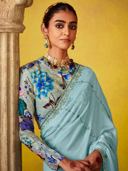 Classic Sky Blue Multi Embroidery Silk Saree