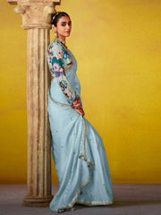 Classic Sky Blue Multi Embroidery Silk Saree