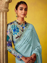 Classic Sky Blue Multi Embroidery Silk Saree