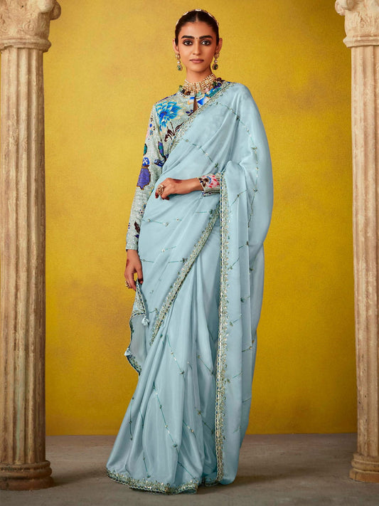 Classic Sky Blue Multi Embroidery Silk Saree