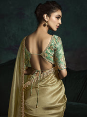 Bewitching Golden Tissue Silk Saree With Printed Blouse