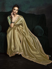 Bewitching Golden Tissue Silk Saree With Printed Blouse