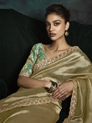 Bewitching Golden Tissue Silk Saree With Printed Blouse