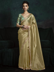 Bewitching Golden Tissue Silk Saree With Printed Blouse