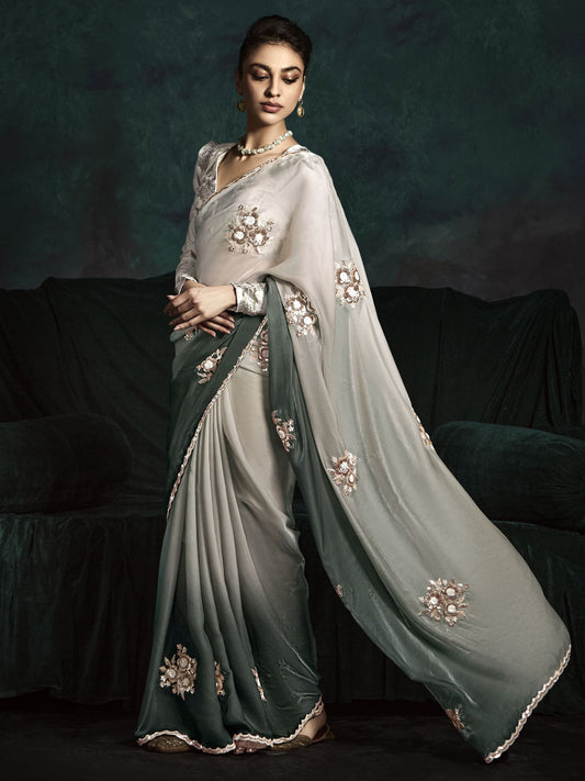 Silver Grey And Charcoal Handwork Tissue Silk Saree