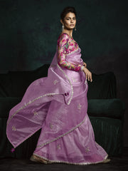 Gorgeous Pink Zari Embroidered Tissue Silk Saree With Blouse