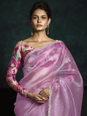 Gorgeous Pink Zari Embroidered Tissue Silk Saree With Blouse