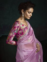 Gorgeous Pink Zari Embroidered Tissue Silk Saree With Blouse