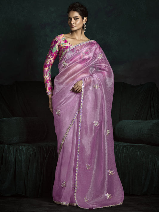 Gorgeous Pink Zari Embroidered Tissue Silk Saree With Blouse