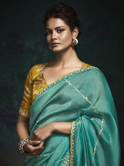 Beautiful Teal Green Embroidered Tissue Silk Festival Wear Saree