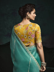 Beautiful Teal Green Embroidered Tissue Silk Festival Wear Saree