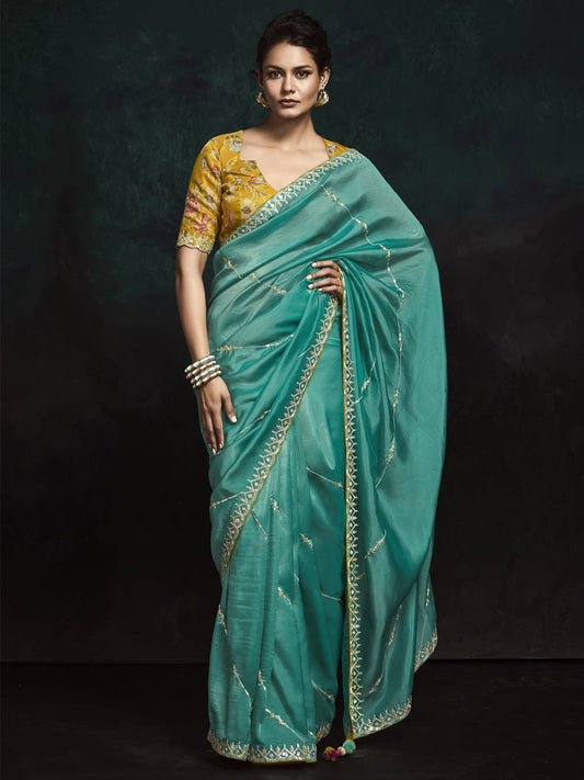 Beautiful Teal Green Embroidered Tissue Silk Festival Wear Saree