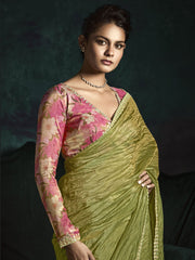 Glamorous Olive Green Tissue Silk Festival Wear Saree With Blouse