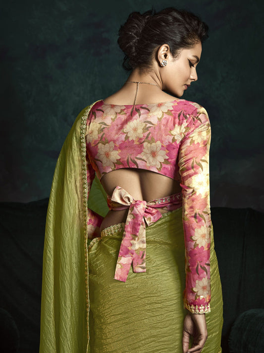 Glamorous Olive Green Tissue Silk Festival Wear Saree With Blouse