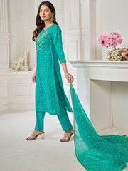 Women Green Ethnic Motifs Embroidered Regular Thread Work Chanderi Cotton Kurta with Trousers & With Dupatta