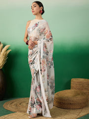 Off White Floral Printed Saree With Blouse Piece