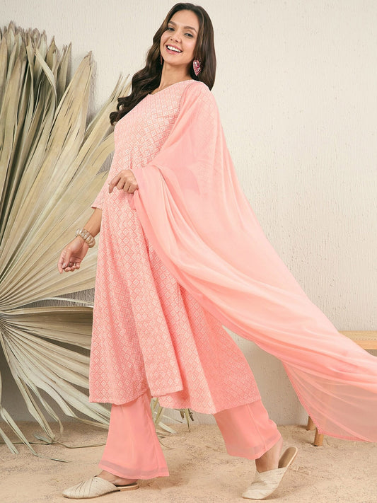 Peach Women Embroidered Regular Thread Work Kurta with Palazzos & With Dupatta