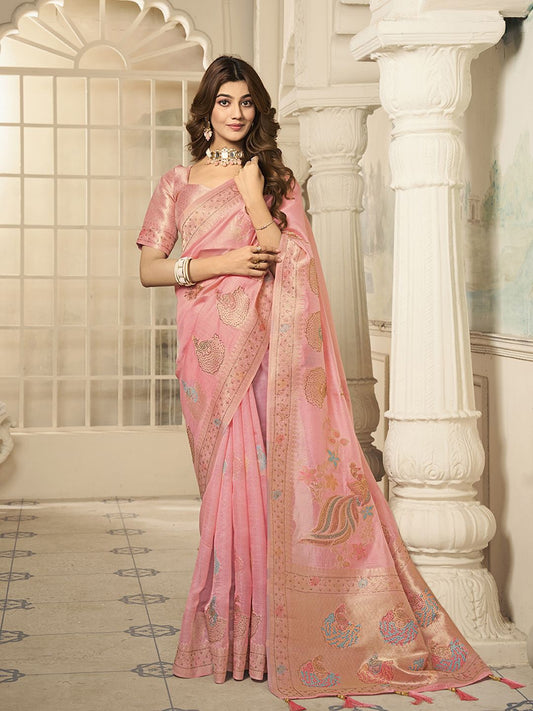 Pink Zari Organza Woven Design Saree