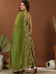 Women Green Floral Printed Empire Gotta Patti Pure Cotton Kurta with Trousers & With Dupatta