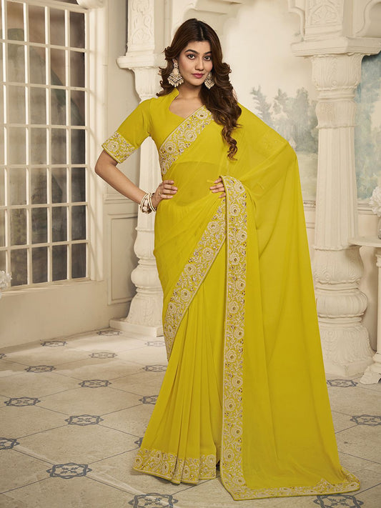 Yellow Embroidered Poly Georgette Saree