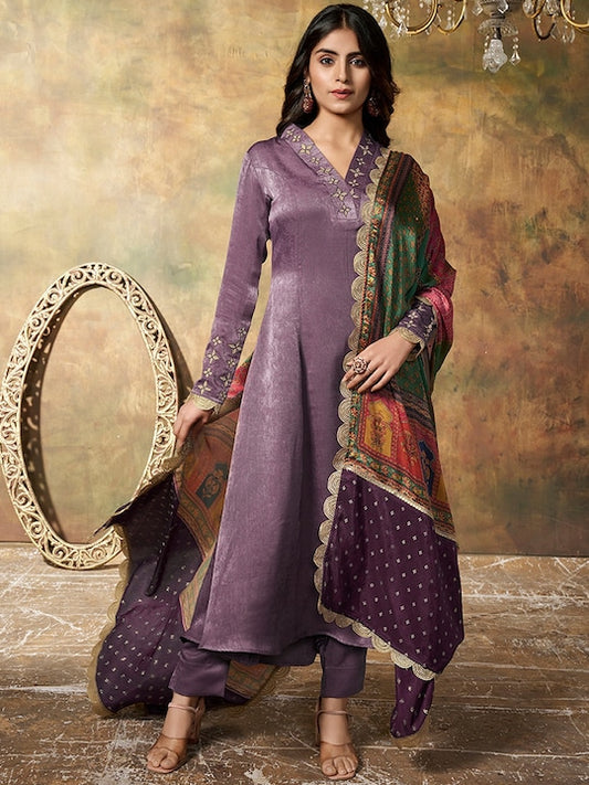 Ethnic Motifs Yoke Design Thread Work Velvet Kurta with Trousers & Dupatta