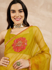 Yellow Floral Embroidered Sequinned Organza Saree