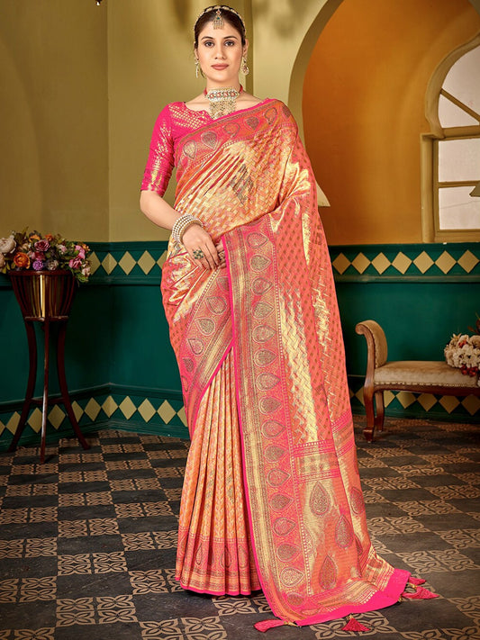 Women Pink Soft Silk Zari Woven Traditional Saree with Swaroski Diamonds