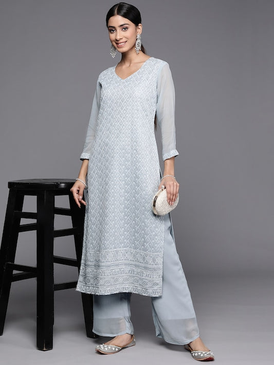 Floral Embroidered Chikankari Kurta with Palazzos