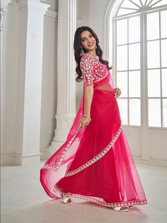 Magenta Floral Embroidered Net Saree