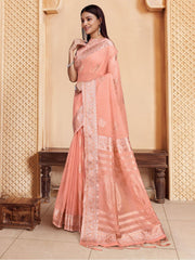 Peach And Silver Ethnic Motif Woven Design Saree With tassels