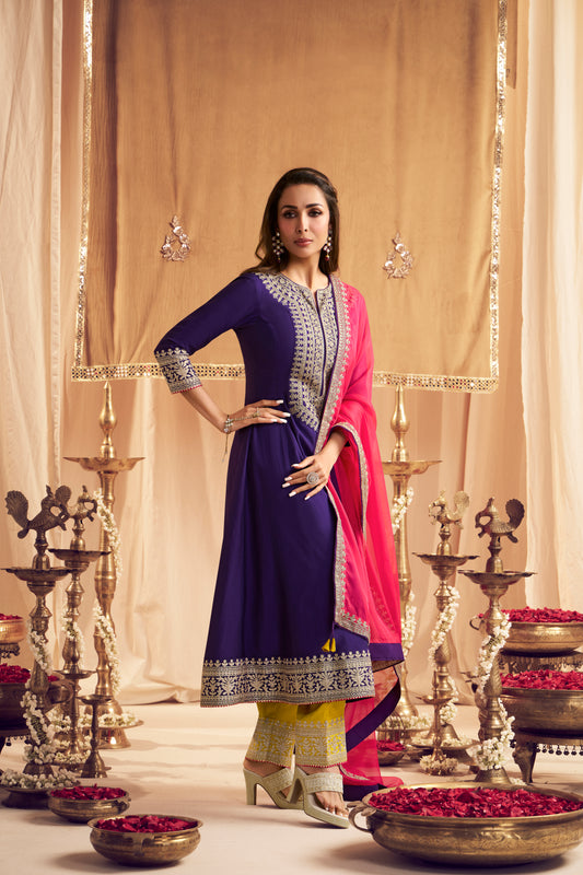 Malaika Arora Women Floral Yoke Design Regular Thread Work Kurta with Trousers & With Dupatta