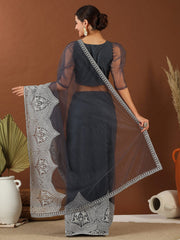 Grey Embroidered Net Saree