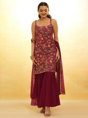 Maroon Embroidered Net Sharara Suit With Dupatta