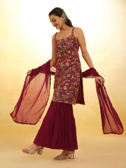 Maroon Embroidered Net Sharara Suit With Dupatta