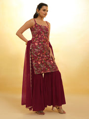 Maroon Embroidered Net Sharara Suit With Dupatta