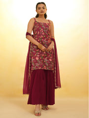 Maroon Embroidered Net Sharara Suit With Dupatta