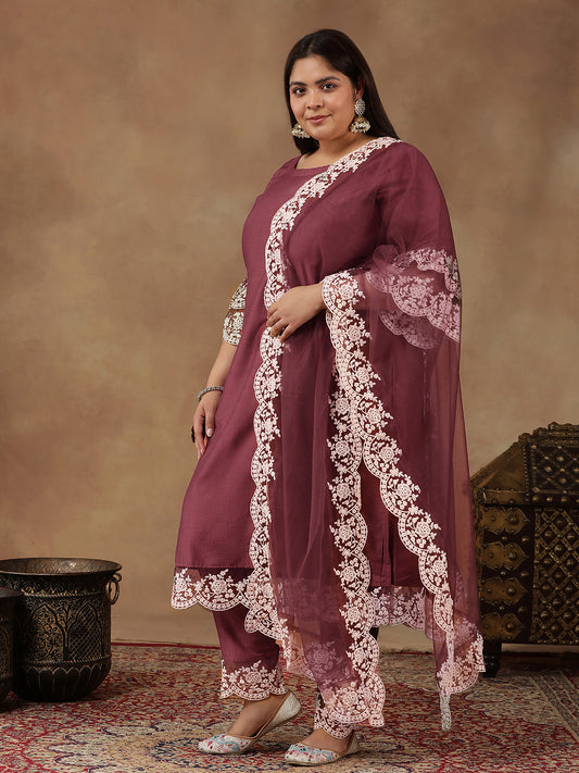 Plus Size Embroidered Thread Work Straight Kurta With Trousers & Dupatta