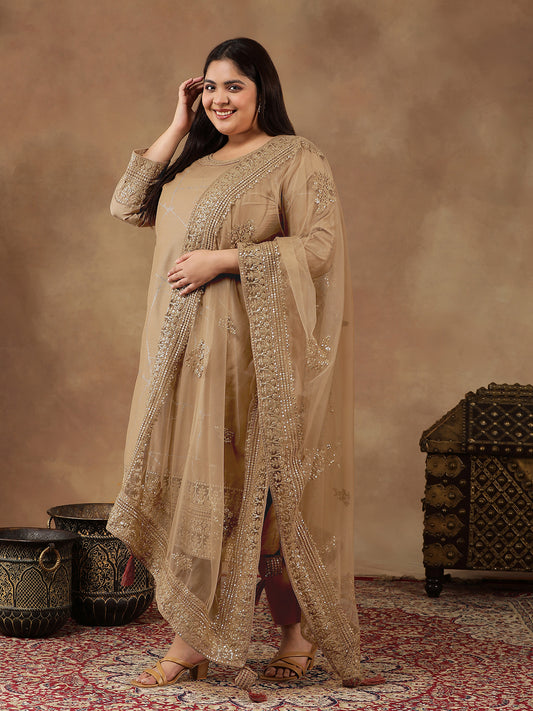 Plus Size Abstract Printed & Embroidered Kurta With Trousers & Dupatta