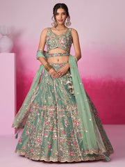 Sea green Bridel Net Moti, Sequins embroidery Semi-Stitched Bridel Lehenga choli and Dupatta