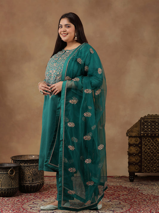 Ethnic Motifs Embroidered Zari Straight Kurta with Trousers & Dupatta