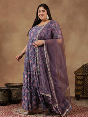 Plus Size Floral Printed Sweetheart Neck Tiered Anarkali Kurta With Dupatta