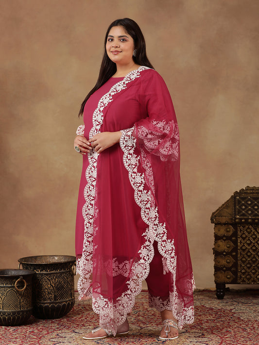 Plus Size Embroidered Thread Work Straight Kurta With Trousers & Dupatta