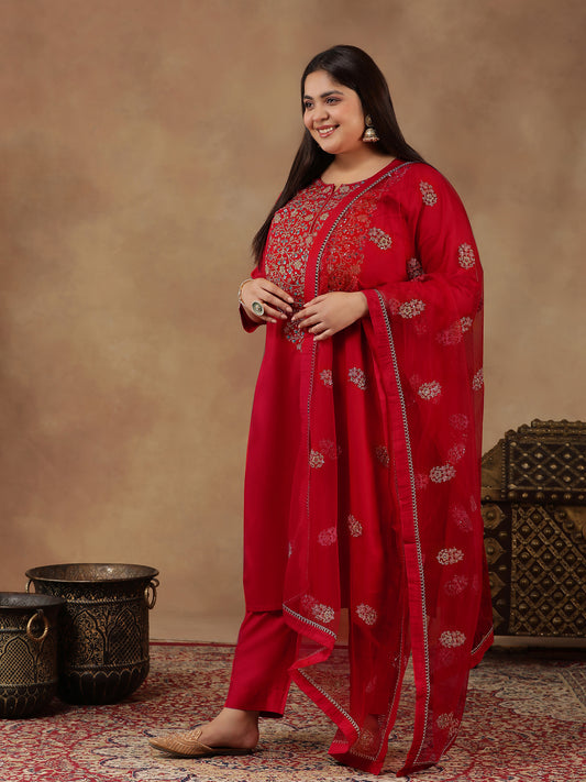 Floral Embroidered Zari Straight Kurta with Trousers & Dupatta