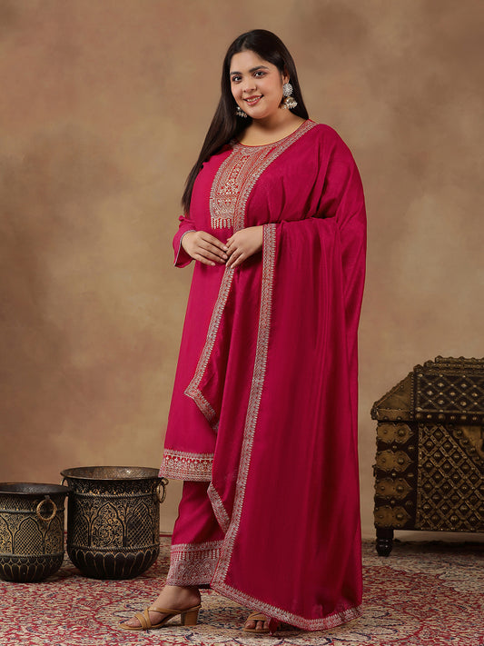 Plus Size Ethnic Motifs Embroidered Thread Work Kurta Trousers & With Dupatta