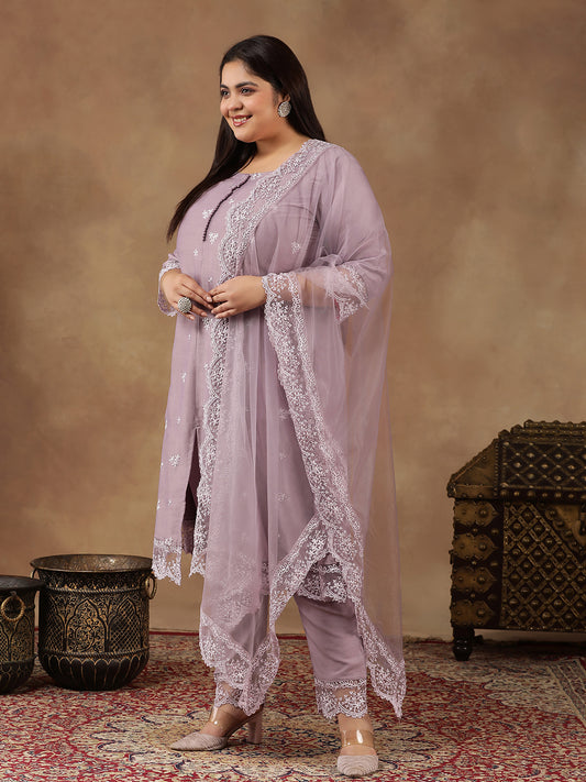 Plus Size Floral Embroidered Thread Work A-Line Kurta With Trousers & Dupatta