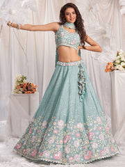 Sea green Pure Chiffon Sequins and thread embroidery Semi-Stitched Lehenga choli & Dupatta